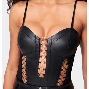 Bebe Black/Gold Vegan Leather Bodysuit. Size L